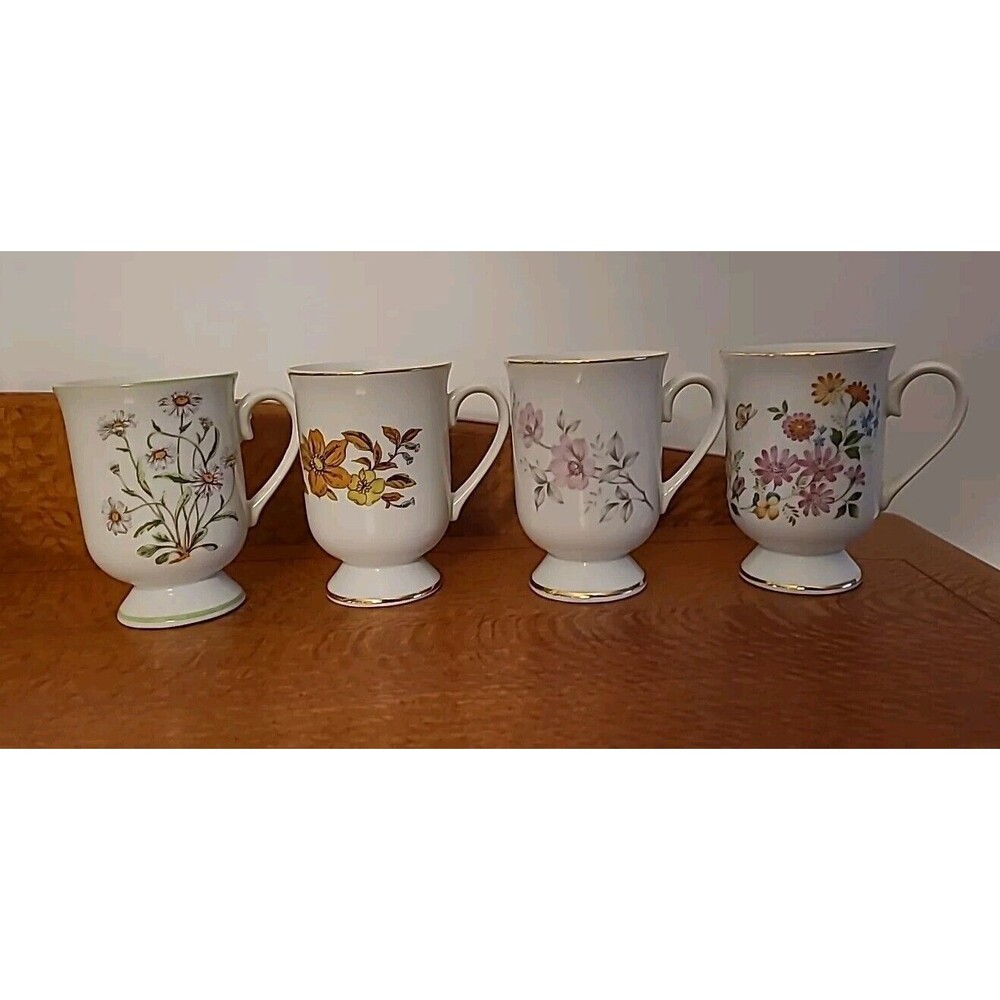 Set 4 Royal Domino Collection Pedestal Footed Mugs Floral Assorted Japan